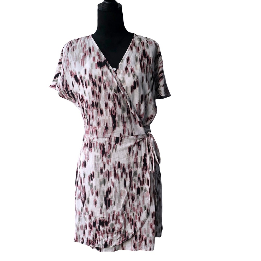 Apt 9 Womens Wrap Dress‎ Medium Mauve Grey Abstract Ikat V-Neck Short Sleeve Tie